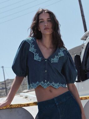 Zara Embroidered Dark Blue Denim blouse